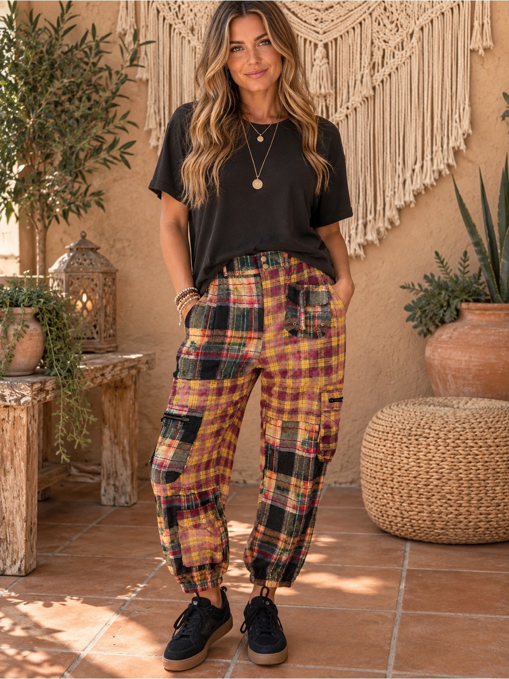 Oli & Hali Multicolor Plaid Patchwork Cargo Joggers Size Small